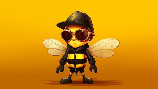 Cartoon bee with glasses on a yellow background advertising copy space