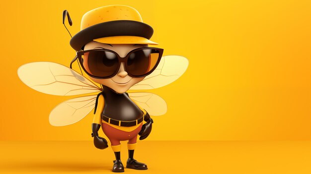 Cartoon bee with glasses on a yellow background advertising copy space