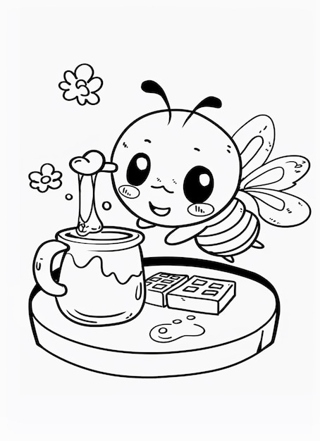 a cartoon bee with a honey pot and a flower generative ai