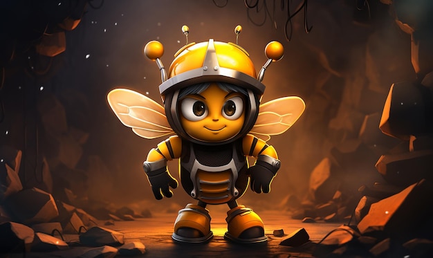 Photo a cartoon of a bee with a yellow helmet and a black background