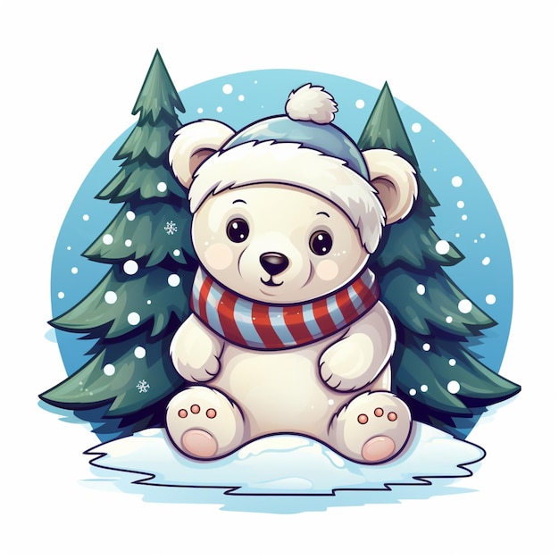 cartoon beer draagt een sjaal en hoed zittend in de sneeuw generatieve ai