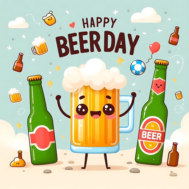 Photo a cartoon of a beer with a blue background with a man holding a beer bottle