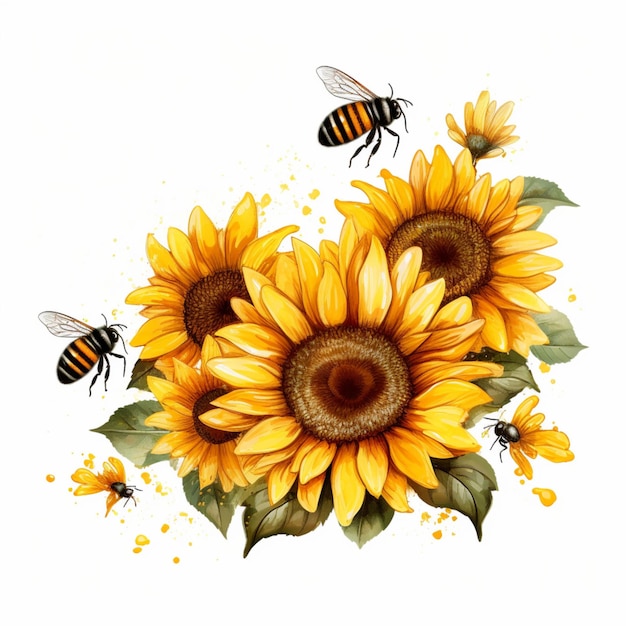 Cartoon bees flying around sunflower on white background