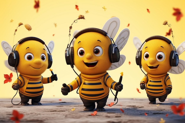 Cartoon bees greet headphones on pencil in hand melodic inspiration sparks artistic hi