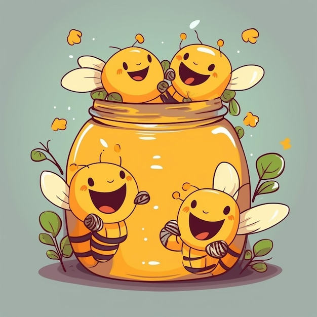 Photo cartoon bees in a jar of honey generative ai