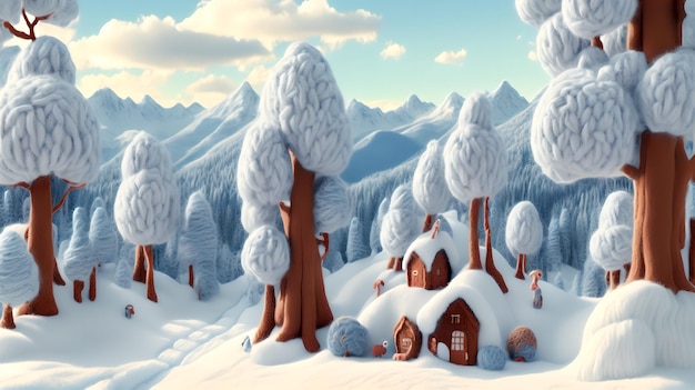 Cartoon besneeuwde winter boslandschap gemaakt van wol en draad