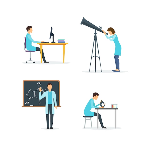 Cartoon Biologists Chemists and Physicists Set Science Research and Experiment Professional in Laboratory Concept Flat Design Style Vector illustration of Scholarship