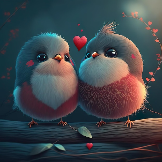 Cartoon Bird Love red hearts card for Valentine's day Generated AI