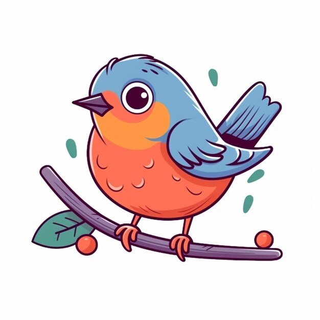 cartoon bird sitting on a branch with leaves and berries generative ai