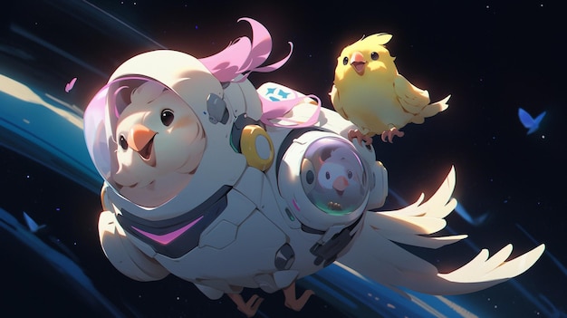 A cartoon of a bird on a spaceship with a bird on it.