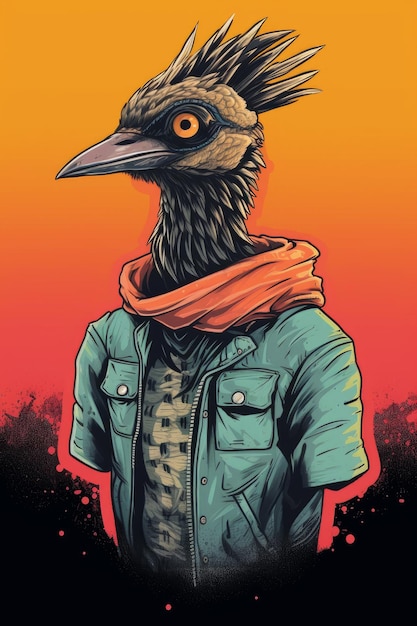 A cartoon of a bird wearing a jacket that says'the head of a bird '