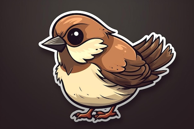 A cartoon bird with a brown and white face and black eyes.