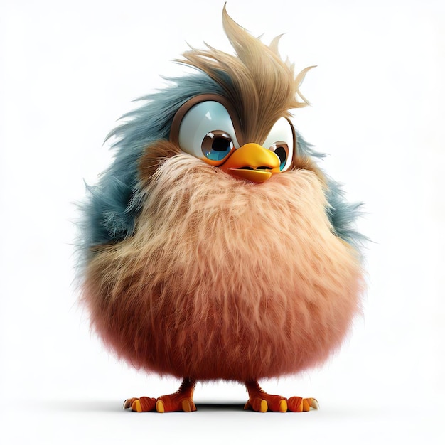 A cartoon bird with a fluffy blue and brown fur on its face.