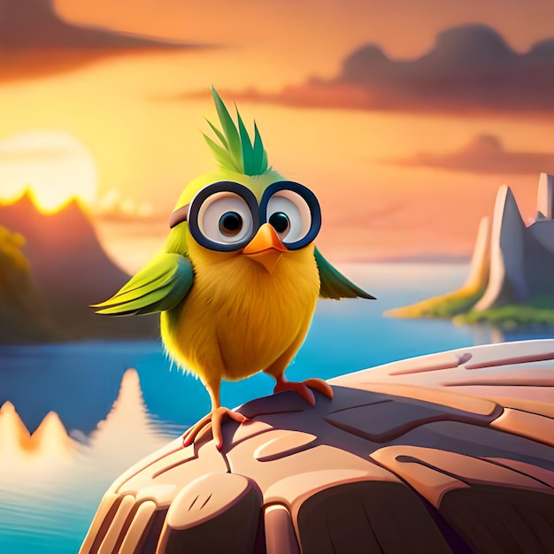 A cartoon bird with glasses and a yellow background with a sunset in the background.