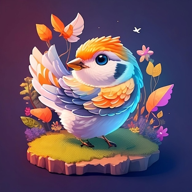 A cartoon of a bird with orange and blue feathers on its head