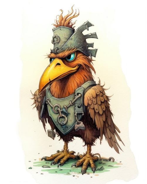 A cartoon bird with a sword and a helmet with a sword on it.