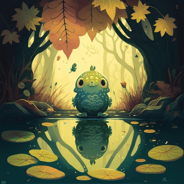 A cartoon bird with a yellow face sits in a pond surrounded by leaves.