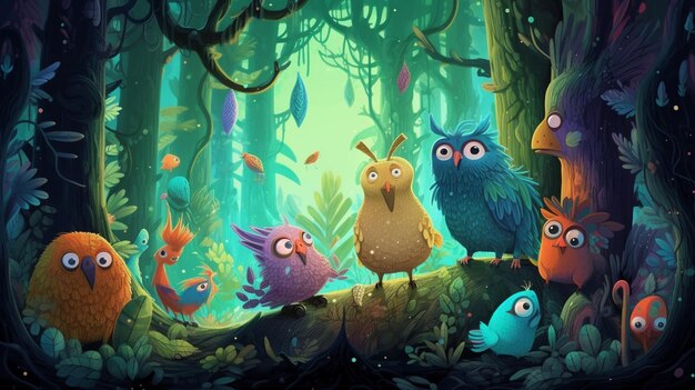 Cartoon birds in a forest with a bright green background generative ai