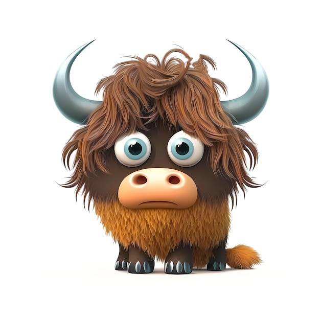 A cartoon bison with blue eyes and long horns.