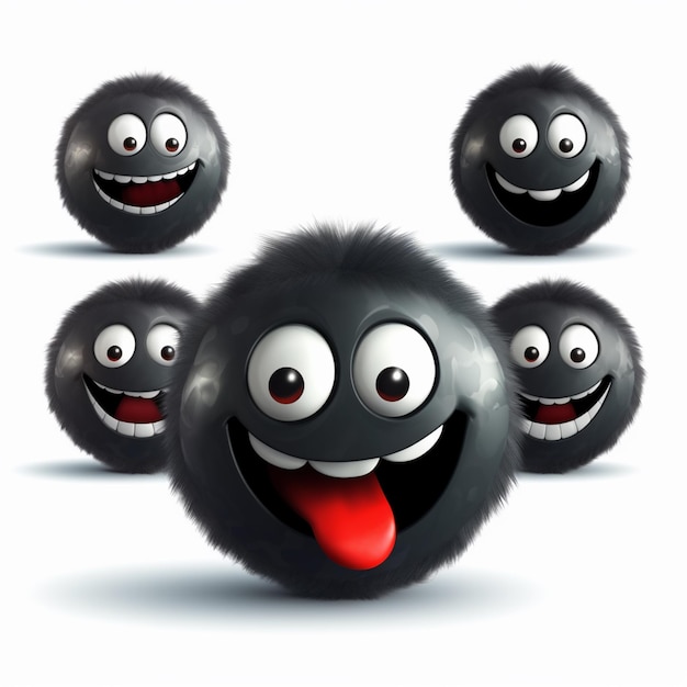 Photo cartoon black balls with faces and tongue sticking out generative ai