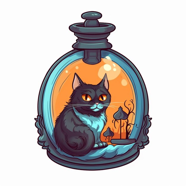 cartoon black cat in a bottle with a spooky halloween pumpkin generative ai