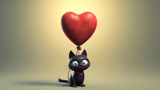Cartoon black cat floating tied to a heart shaped balloon international cat day poster