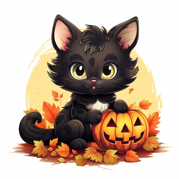 cartoon black cat sitting on the ground with a jack o lantern generative ai