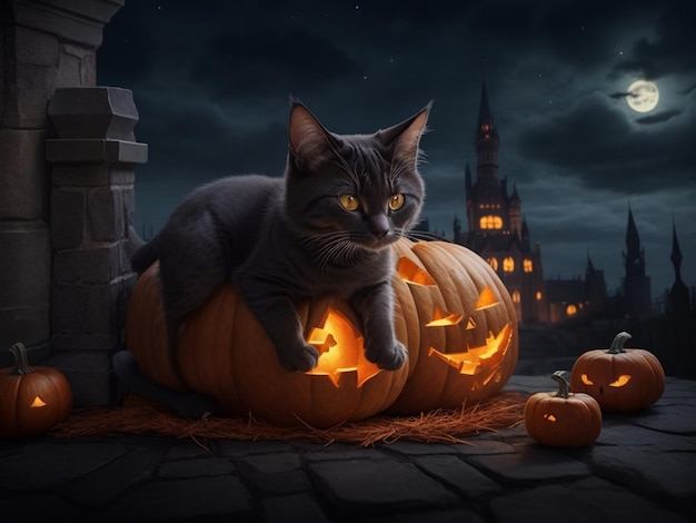 Cartoon black cat sitting on a pumpkin with a halloween hat