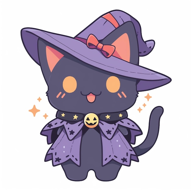 Photo cartoon black cat wearing a witch costume and a hat generative ai