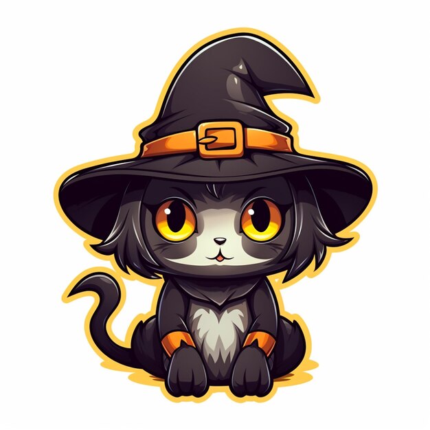 Photo cartoon black cat wearing a witch hat sitting on the ground generative ai