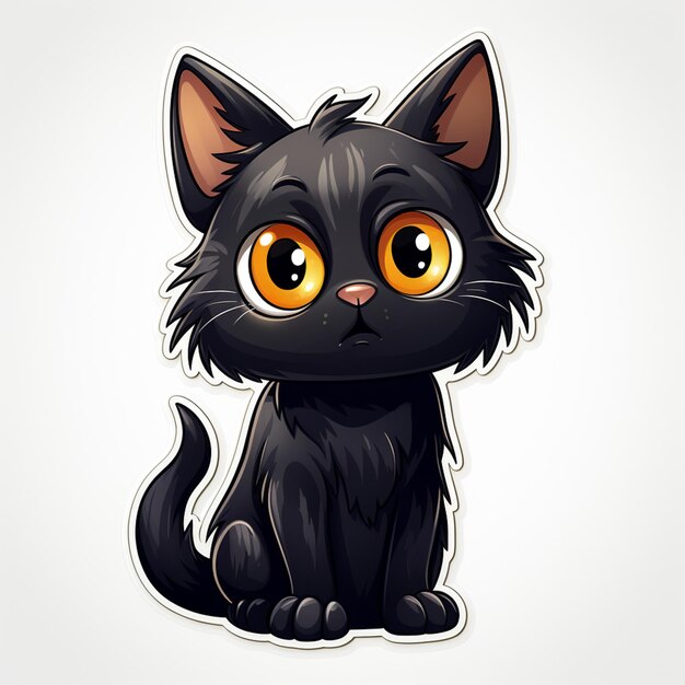 cartoon black cat with big yellow eyes sitting on a white surface generative ai