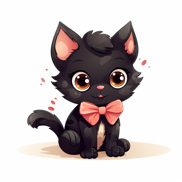 cartoon black cat with a pink bow tie sitting on the ground generative ai