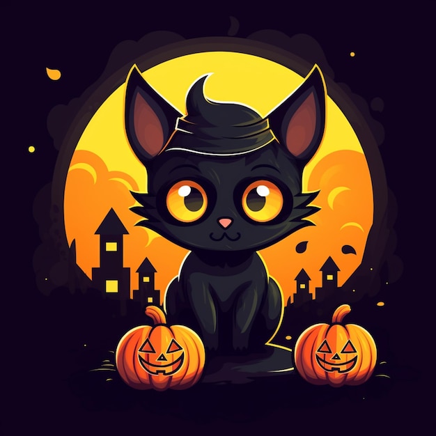 Cartoon black cat with a witch hat sitting on a pumpkin generative ai