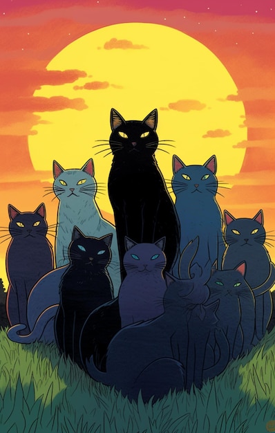 A cartoon of black cats with yellow eyes and blue eyes.