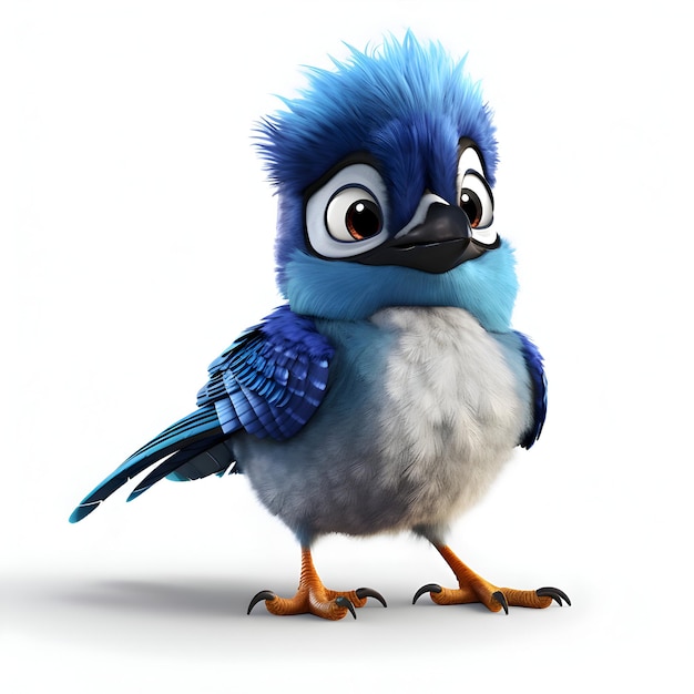 Cartoon blue bird with big eyes on white background 3D illustration