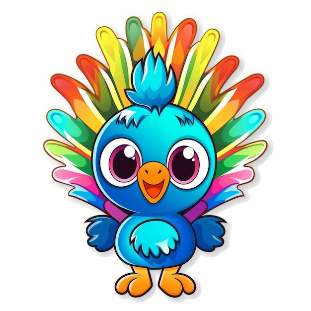 A cartoon blue bird with colorful feathers