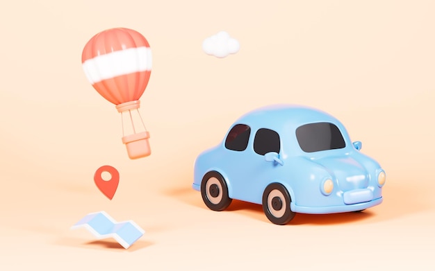 Cartoon blue car and hot balloon on the yellow background 3d rendering