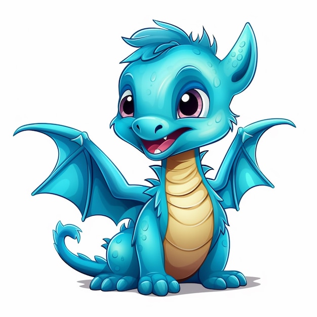 Cartoon blue dragon with big eyes and a yellow tail generative ai