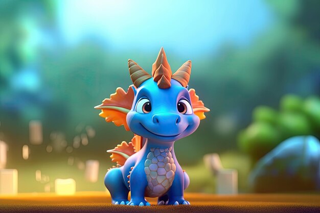 A cartoon blue dragon with orange and brown horns