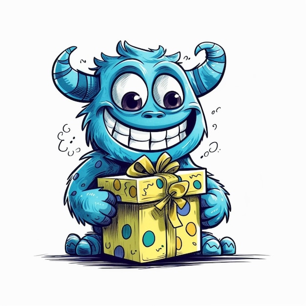 cartoon blue monster with a gift box generative ai