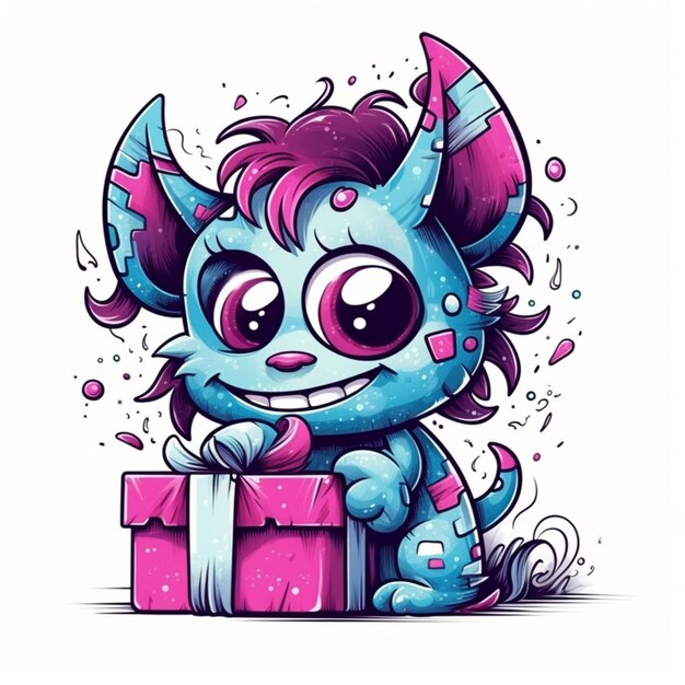 Photo a cartoon blue monster with pink hair and a pink present generative ai