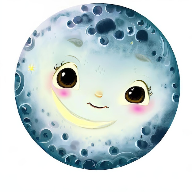 A cartoon of a blue moon with pink eyes and a pink nose.