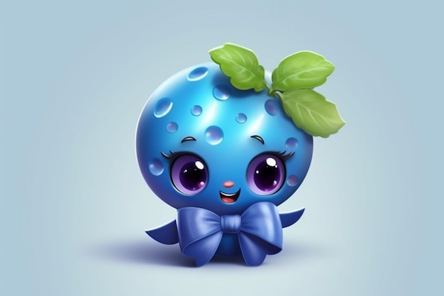 A cartoon blue strawberry with purple eyes and a bow.