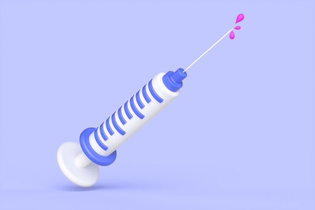 Cartoon blue syringe with a drop on a needle on a purple background. Coronavirus vaccination concept. 3d render illustration.