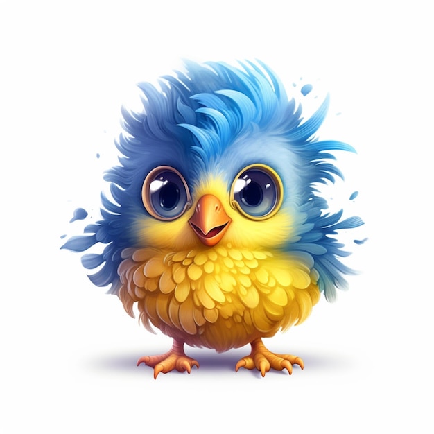 cartoon blue and yellow bird with big eyes and a big beak generative ai