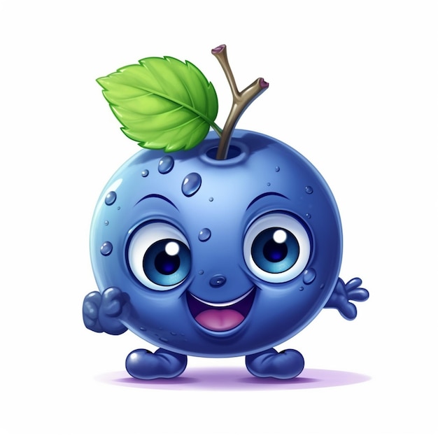 Cartoon blueberry with a leaf on its head and eyes generative ai