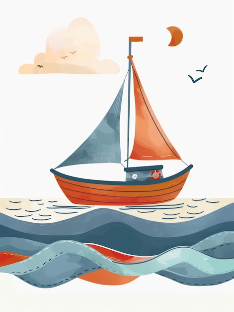 Cartoon Boat Sailing on Colorful Waves Nursery Clipart Generative AI