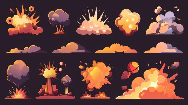 A cartoon bomb explosion set with clouds a boom effect and smoke elements for the UI of games Detonators explosions atomic comics isolated modern icons