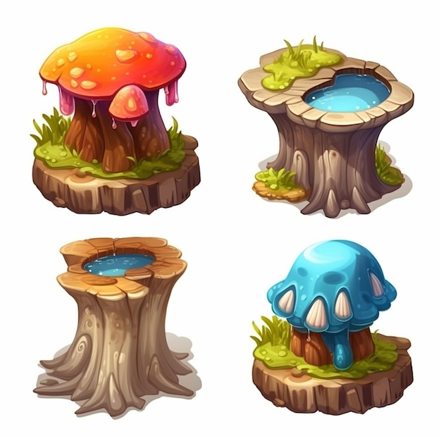 Cartoon bomen met een paddenstoel en een vijver