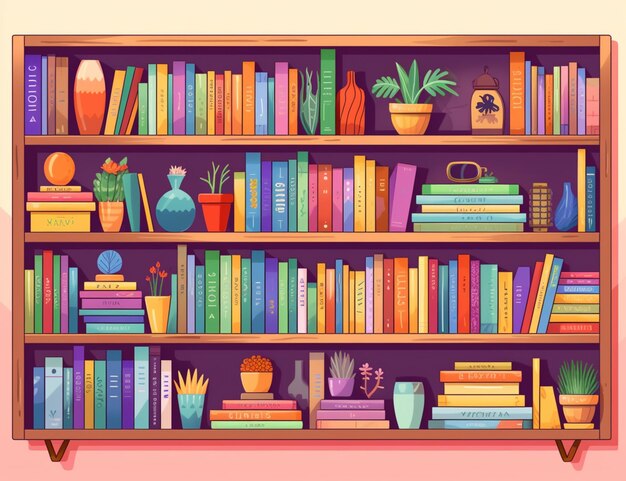 Foto una libreria di cartoni animati con libri e piante generative ai